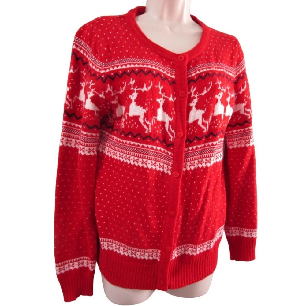 Fair Isle Reindeer Cardigan Sweater Red White Black Rayon Angora Blend Sz 10 EUC